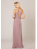 Halter Neck Mauve Chiffon Velvet Trim Bridesmaid Dress